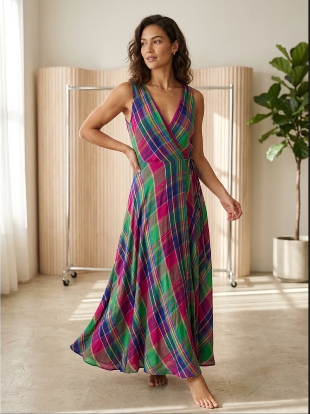 Polo by Ralph Lauren Fuchsia & Green Plaid Sleeveless Wrap Maxi Dress